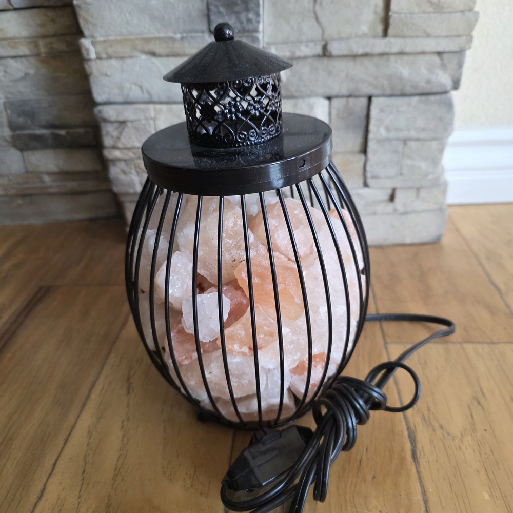 Source Unknown Black Metal Cage Lantern with Pink and White Salt Crystals